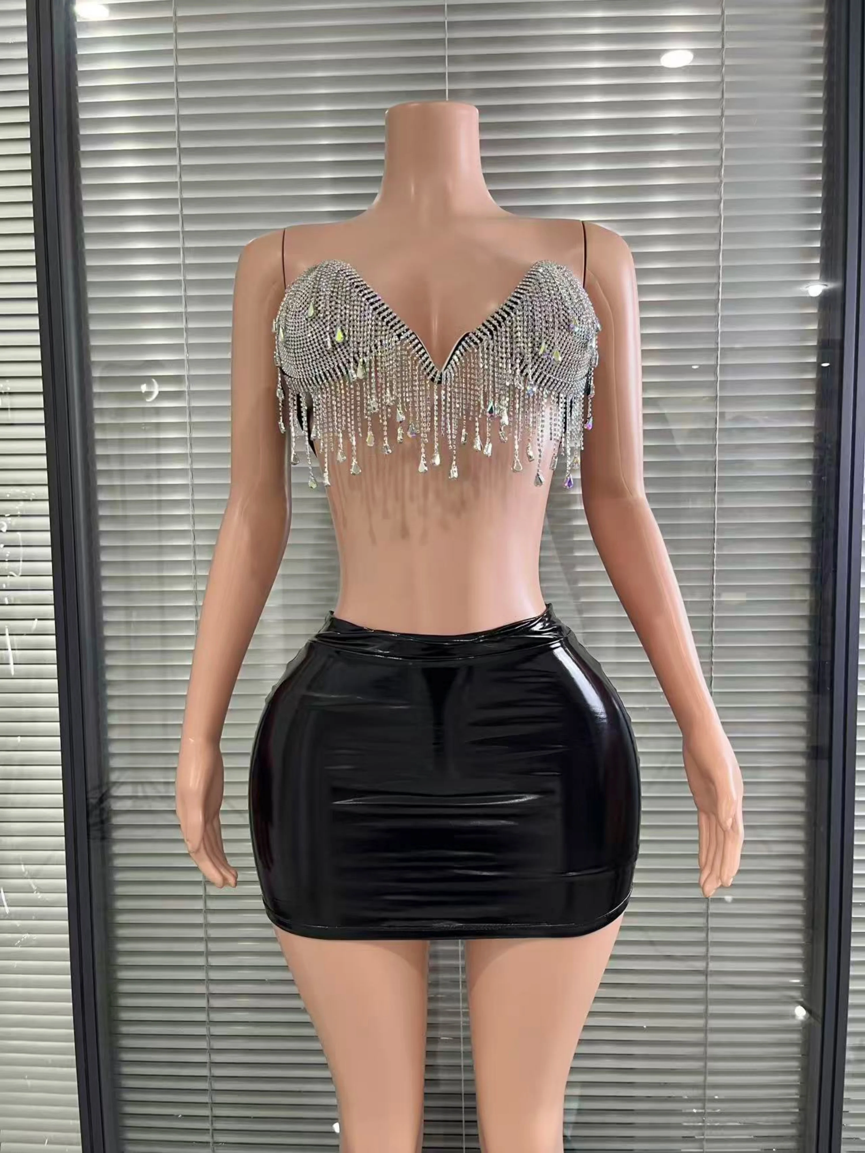 

Гламурное блестящее топ с ромбовидной цепочкой, мини-платье из двух предметов, женское вечернее праздничное платье для ночного клуба, фестиваля, сценическое выступление