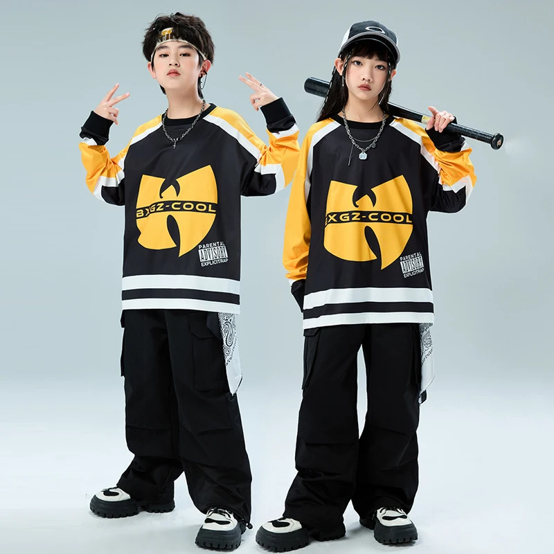 

Girls Boys Kpop Outfits Long Sleeved Sweatshirt Pants Kids Hip Hop Clothing Ballroom Street Dance Suits Stage Wear SL12230