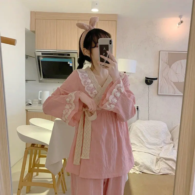 Pajama Sets Women Princess Sweet Lace Chic Lace-up Sleepwear for Girls Korean Fashion Autumn New Pajamas Aesthetic Home Clothing