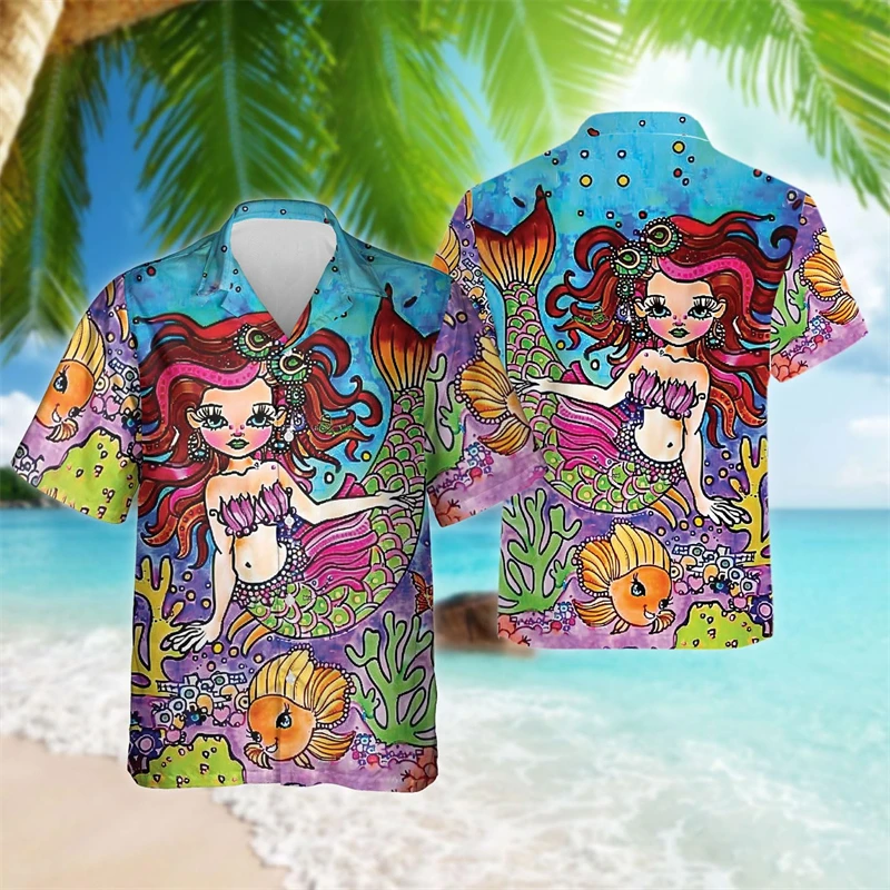 Kawaii Mermaidn 3D Printed Shirts For Men Clothes Hawaiian Sea Maiden Beach Shirt Casual Female Lapel Blouse Fish Girls Blouses