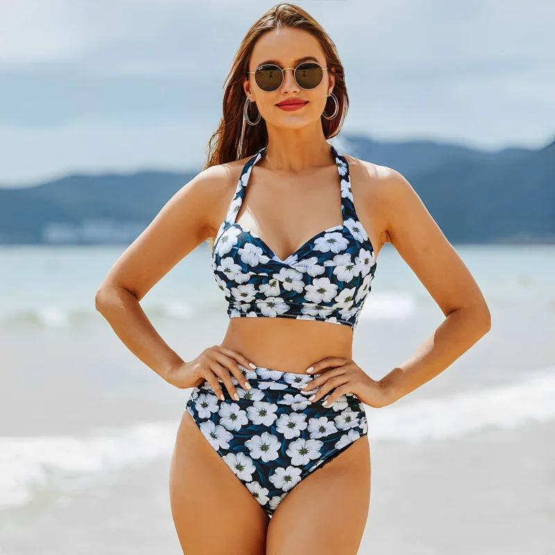 

New High-Waisted Ruched Women's Swimsuit Sexy Two-Piece Twist Wrap Polka Dot Print Multi-ColorbikiniBikini