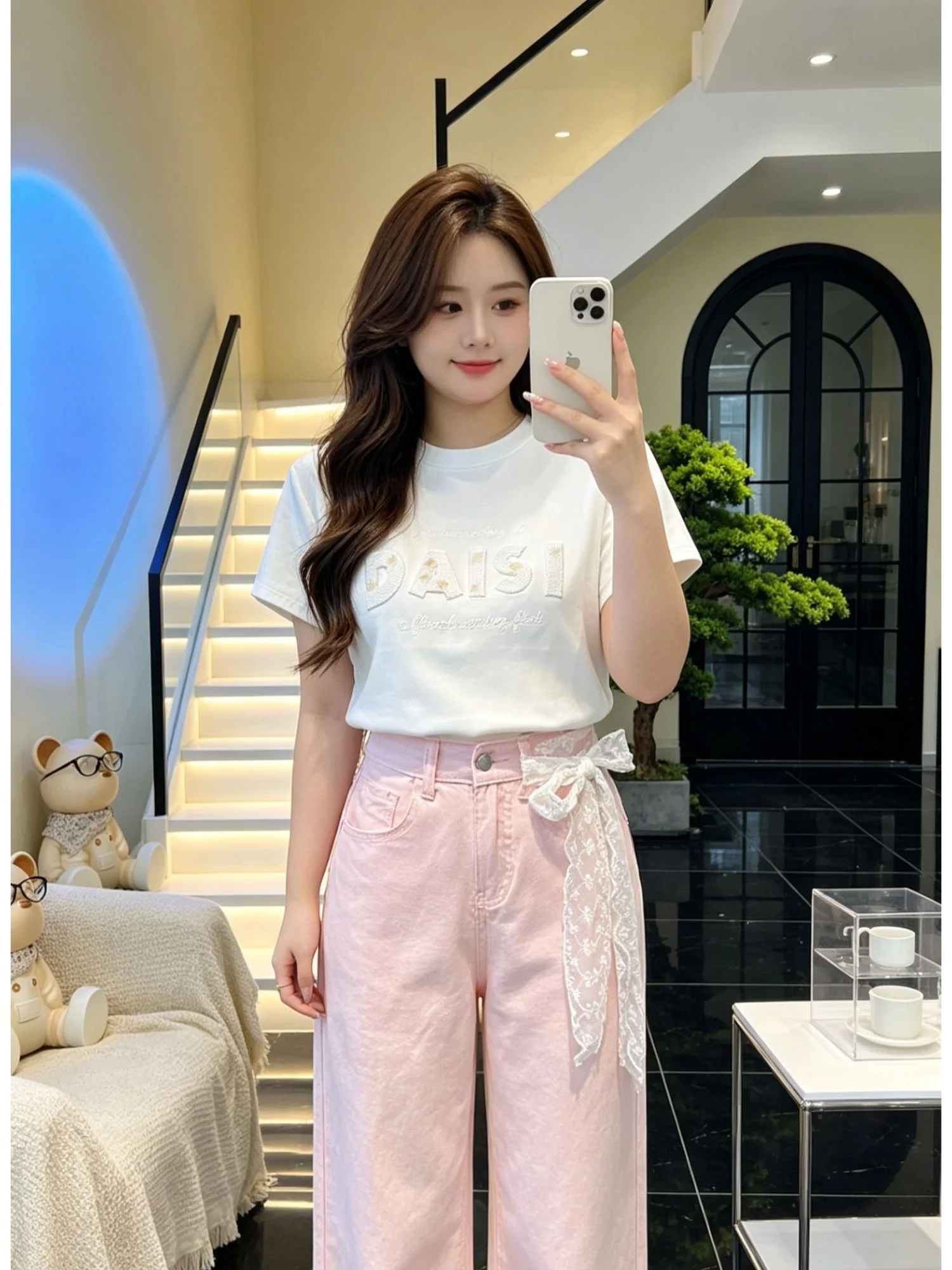 plus Size Women's Short Sleeve T-Shirt Embroidered Letter Casual Slimming Summer Top Shoulder Width Regular Cotton Blend