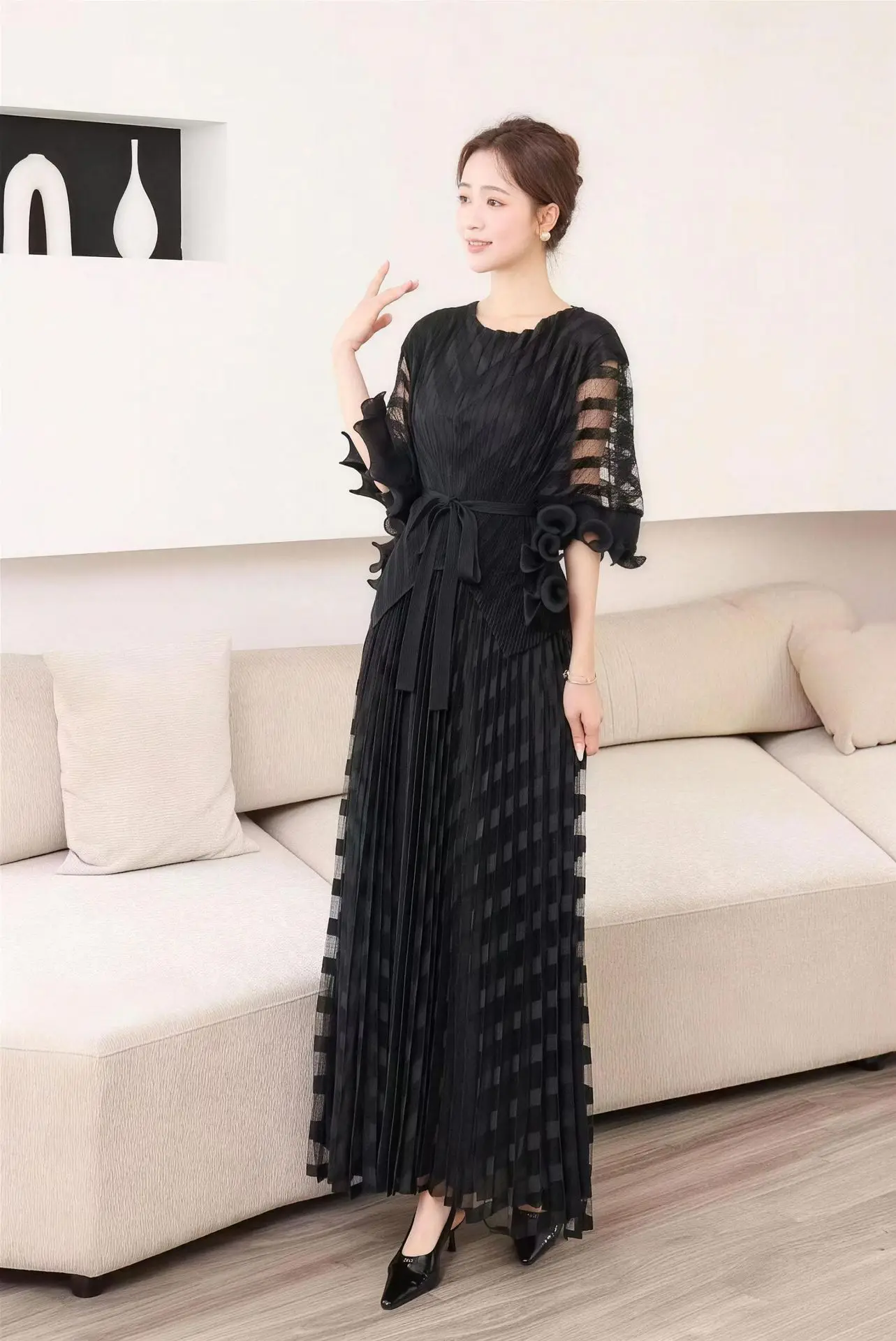 ANLAN New Miyaki Pleated Dress Set Plisse 2026 Summer Arrival Plus Size Fashion Style Tulle Lace-Up Ruffled Hem 2-Piece Sets