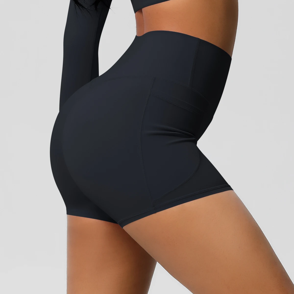 Einfarbige Yogahose mit Taschen, schnell trocknend, hohe Taille, für Fitnessstudio, Push-Up-Yoga-Shorts für Damen, atmungsaktiv, Workout, Fitness, kurz – Detail 14