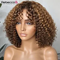 Pelucas de cabello humano Bob corto y rizado con flequillo, pelucas hechas a máquina, resaltan pelucas de color rubio miel para mujeres, cabello Remy barato