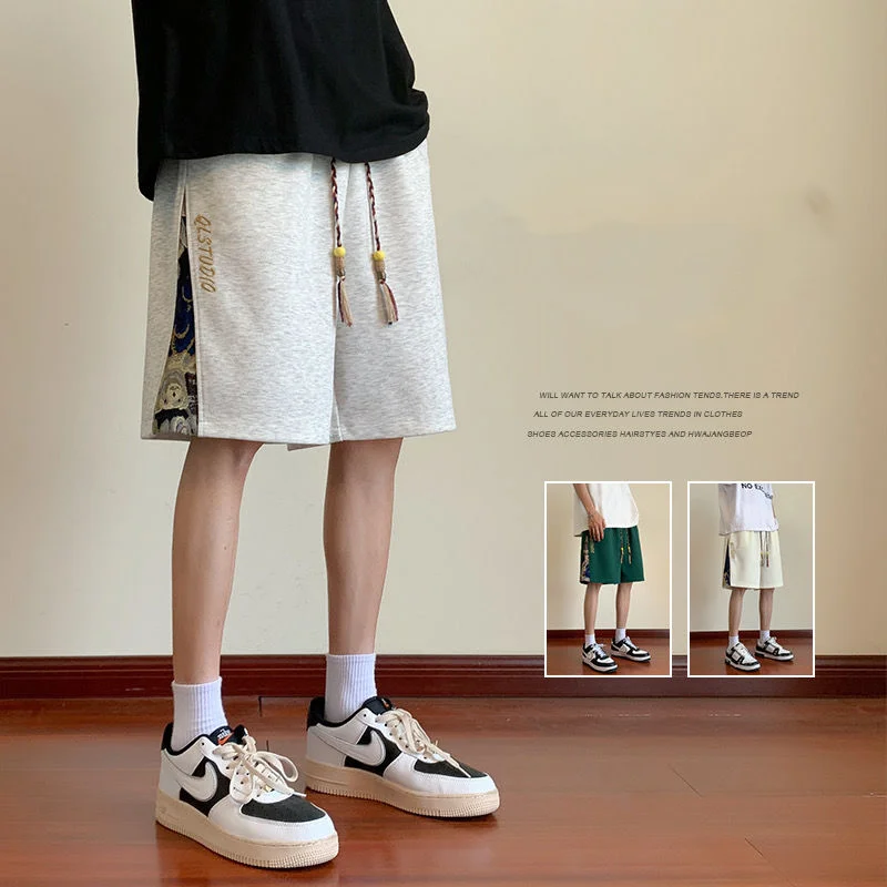 Pantalones cortos de estilo Chinoiserie para hombre, Shorts de alta gama con bolsillos, informales, con cordón, a la moda, 2023