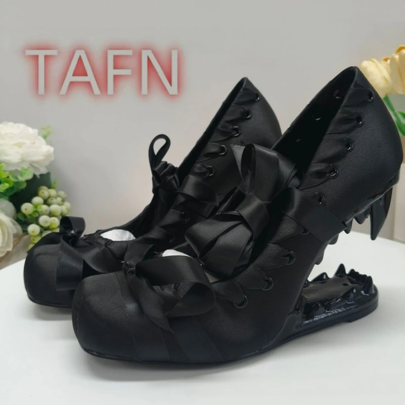 Women's Gothic Black Satin Ballet High Heels,Unique Wolf Tooth Mary Jane Pump,Ribbon Bow Lace‑Up Design Women's Shoes,36-43