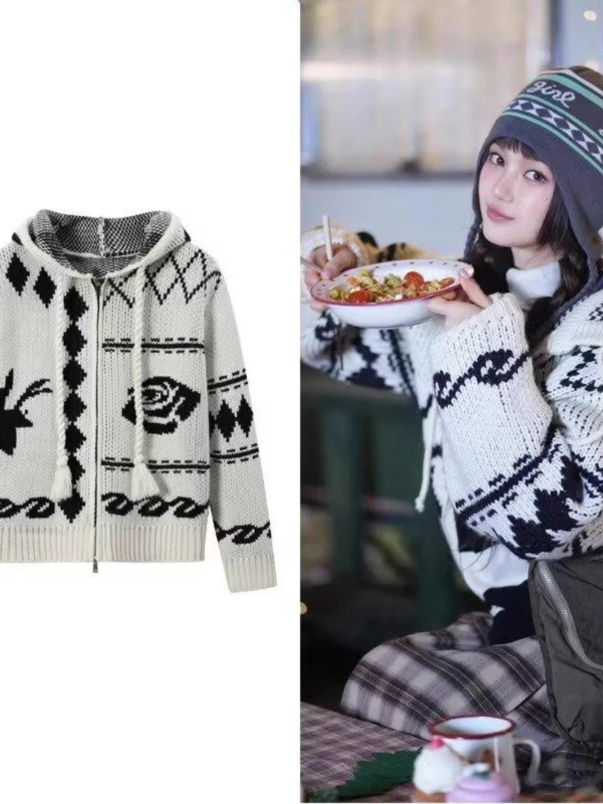 

Новый женский вязаный кардиган свободного кроя с капюшоном на молнии, с длинными рукавами, в расслабленном стиле, осенне-зимняя верхняя одежда, ретро, цвета ромбовидной расцветки.