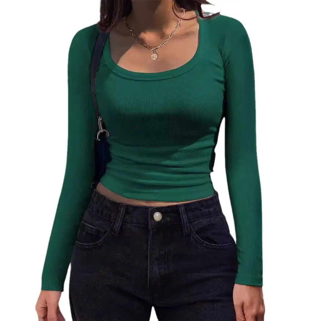 تي شيرت نسائي بقصة ضيقة مخطط طويل Sve Square irt كاجوال من مزيج البوليستر مع تصميم لصق لموسم الربيع #4