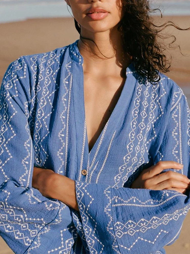 

European and American style Summer new products Women's clothing Versatile embroidery fashion v-neck long-sleeved casual shirt