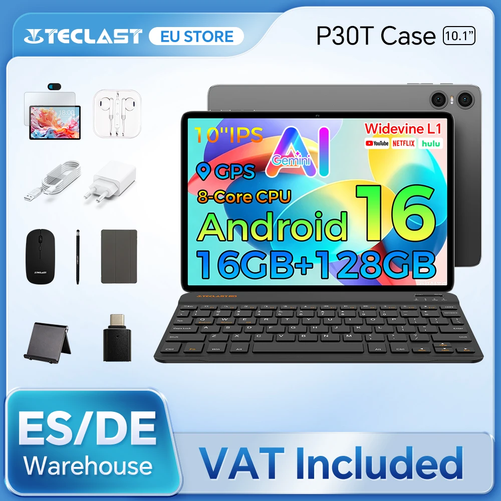 Tablet Teclast P30T de 10.1 Pulgadas, Android 16, AI Gemini T7250 de 8 Núcleos, 16 GB (3 GB + 13 GB de Expansión) de RAM, 128 GB de ROM, 6000 mAh, Teclado/Funda/Ratón/Lápiz Óptico/Auriculares/Soporte