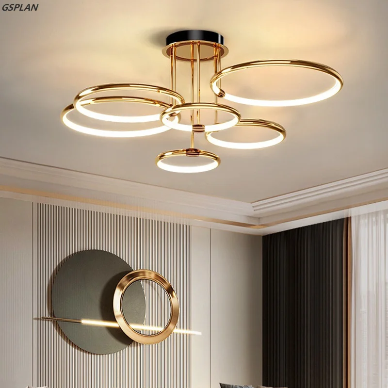 Plafonnier LED au Design Moderne et Simple avec Anneaux Dorés, Luminaire Décoratif de Plafond, Idéal pour un Salon, une Chambre à Coucher, un Restaurant ou une Cuisine