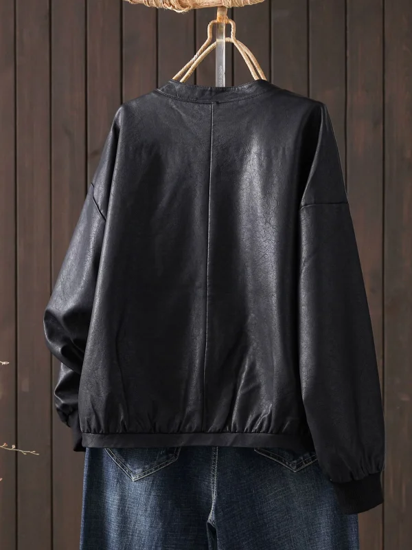 Women's round Neck Single Button PU Leather Jacket Coat Autumn New Style Casual Warm Long Sleeve Pure Color Fashionable