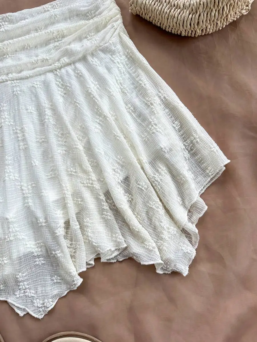 

Women Asymmetric Hem Knit Skirt White High Waist A-Line Summer Vacation Skirt