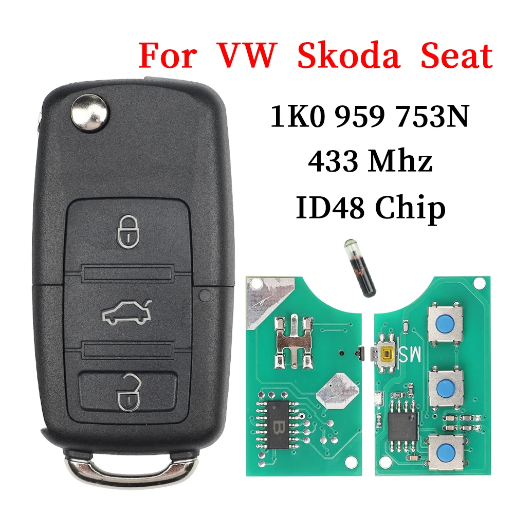 

Ly Flip Car Remote Key 1K0959753N ID48 Chip For Volkswagen VW PASSAT Octavia Skoda CADDY GOLF JETTA Tiguan POLO Seat AItea Ibiza