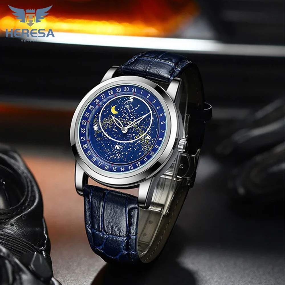 Часы HERESA мужские водонепроницаемые, брендовые оригинальные модные наручные, с диском и движущимися звездами, автоматические, для отдыха