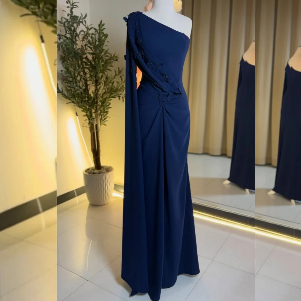 

Customized Fashion Matching Jersey Flower Pleat A-lineOne-shoulder Long Dresses Bespoke Occasion Exquisite