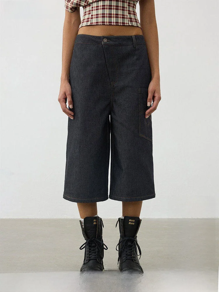 

Low Waist Wide Leg Jeans Casual Style Pure Color Zipper Fly Seven-Foot Denim Pants Loose Fit Straight Leg Trousers