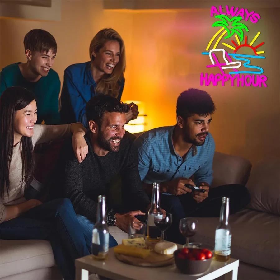 

Неоновая вывеска Always Happy Hour для декора стен, светодиодный неоновый свет для спальни, офиса, паба, кафе, вечеринки, мужской пещеры, пляжа, художественного декора