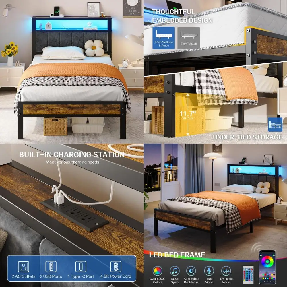 إطار سرير بمنصة مزدوجة الحجم منجد باللون الرمادي مع أضواء LED، وأرفف تخزين من طبقتين، ومحطة شحن، ونعل نوم خالٍ من الضوضاء