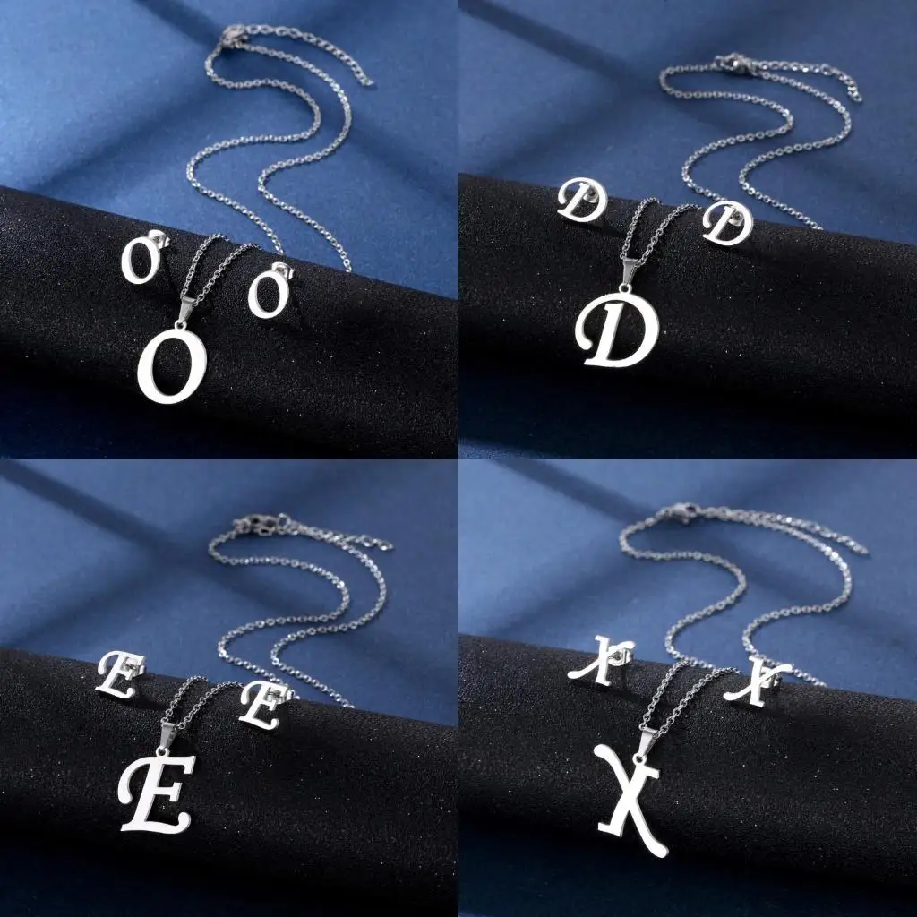 

31BB Stainless Steel Texture Pendant Necklace Earrings Set for Fashion Enthusiasts