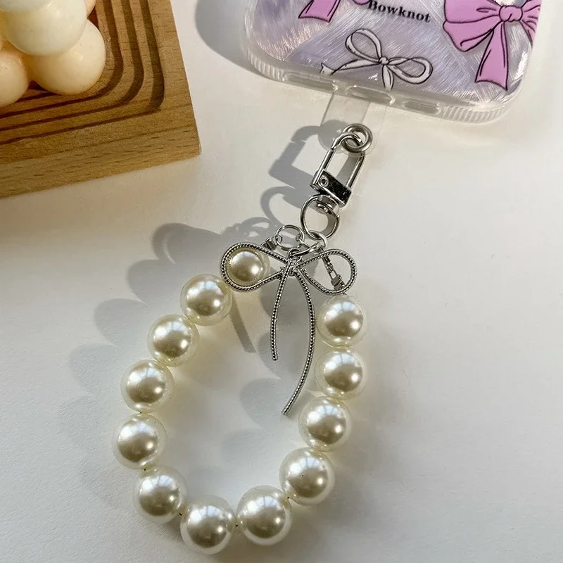 Charm Bowknot Pearl Hoop Keychain Decoration Keyring Ornament Backpack Handbag Pendant Gift for Girls Women Headphone Case Charm