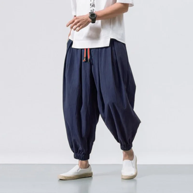 Vintage Summer New Men's Lantern Pants Loose Cotton Drawstring Pants Mens Wide-legged Pants Harlan Small Leg Trouser Wholesale