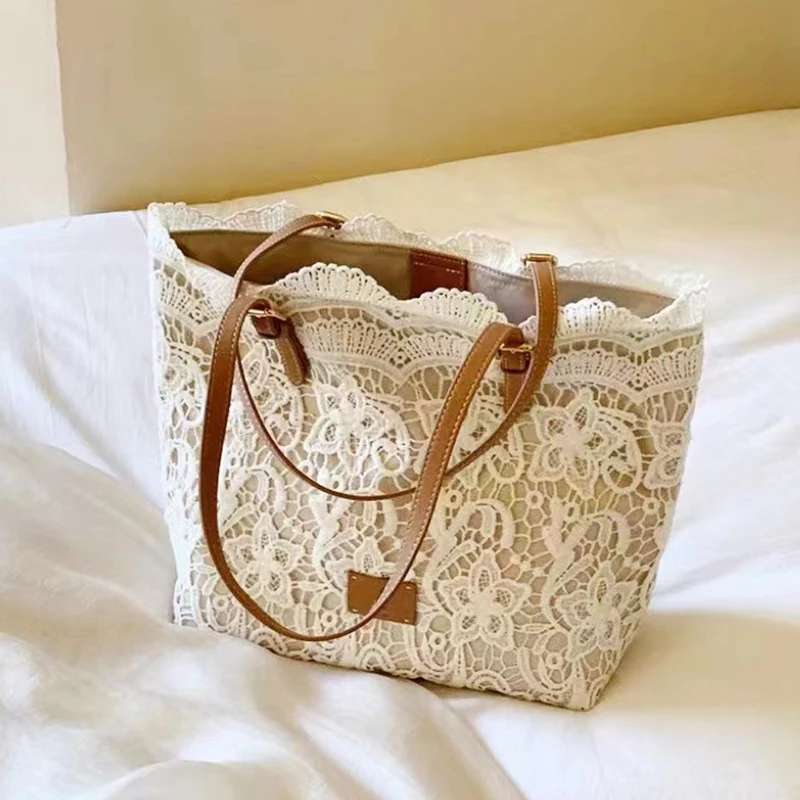Women White Lace Flower Embroidery Tote Summer Seaside Travel Vacation Beach Bag Shoulder Retro Handbag