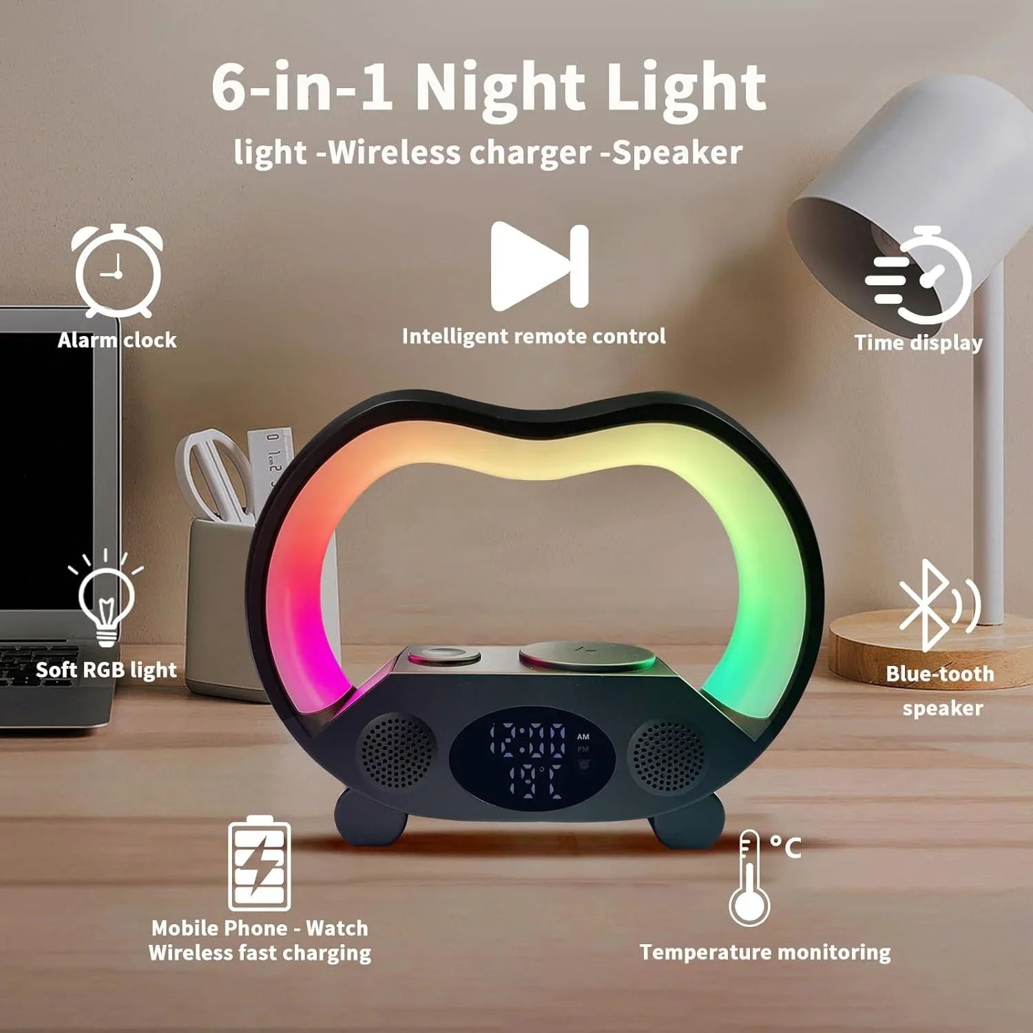 6 in 1 Nightlight Home Bluetooth Speakers Mobile Phone Wireless Charger Best Birthday Gift Ideas Suitable for Bedroom/girl Gifts