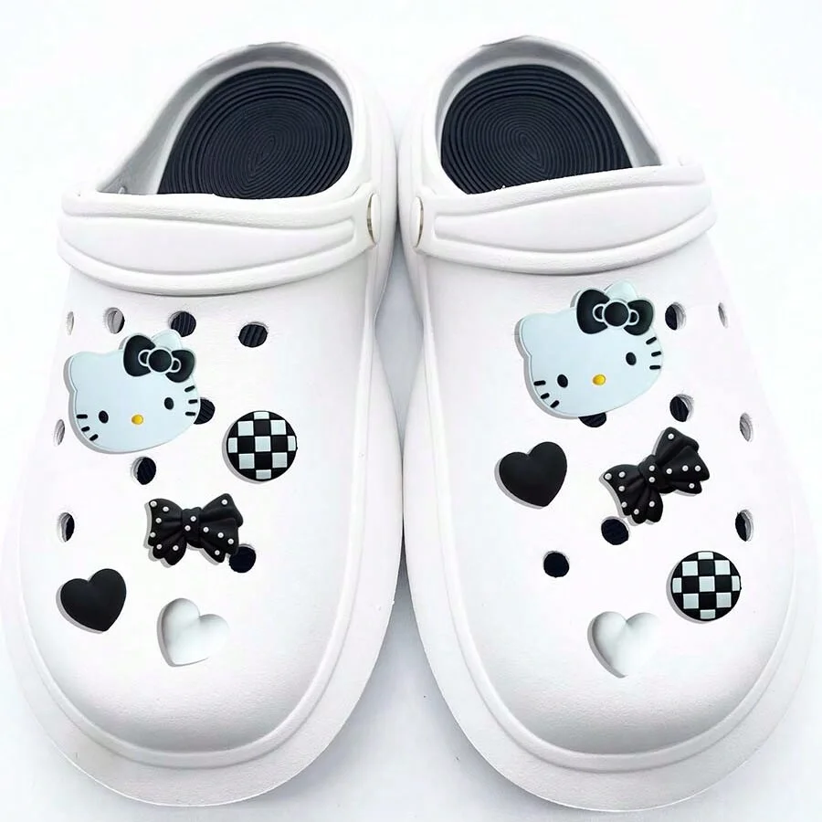 MESUCA 18pcs Black & White Cat Shoe Charms Set For Clogs Bag Bubble Slides Sandals,PVC Shoe Decorations Beach Bag Accessories image 2