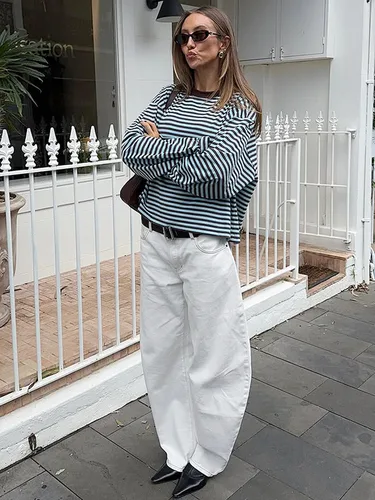 Imagen 2 del producto Apprabant-Camiseta informal holgada a rayas para mujer, cuello redondo, manga larga, retales contrastantes, Top recto, ropa de calle de moda