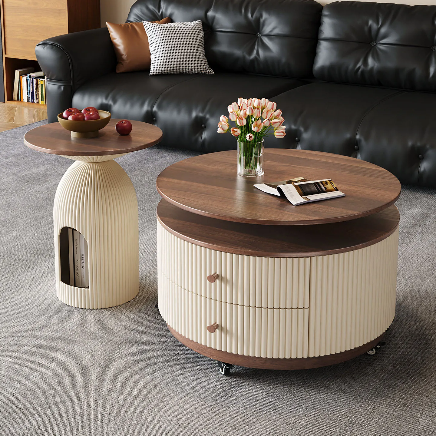 Set Popular Living Room Storage Center Table Modern Movable Round Coffee Table  with Wheel Cream Style Wooden Coffee Table Set