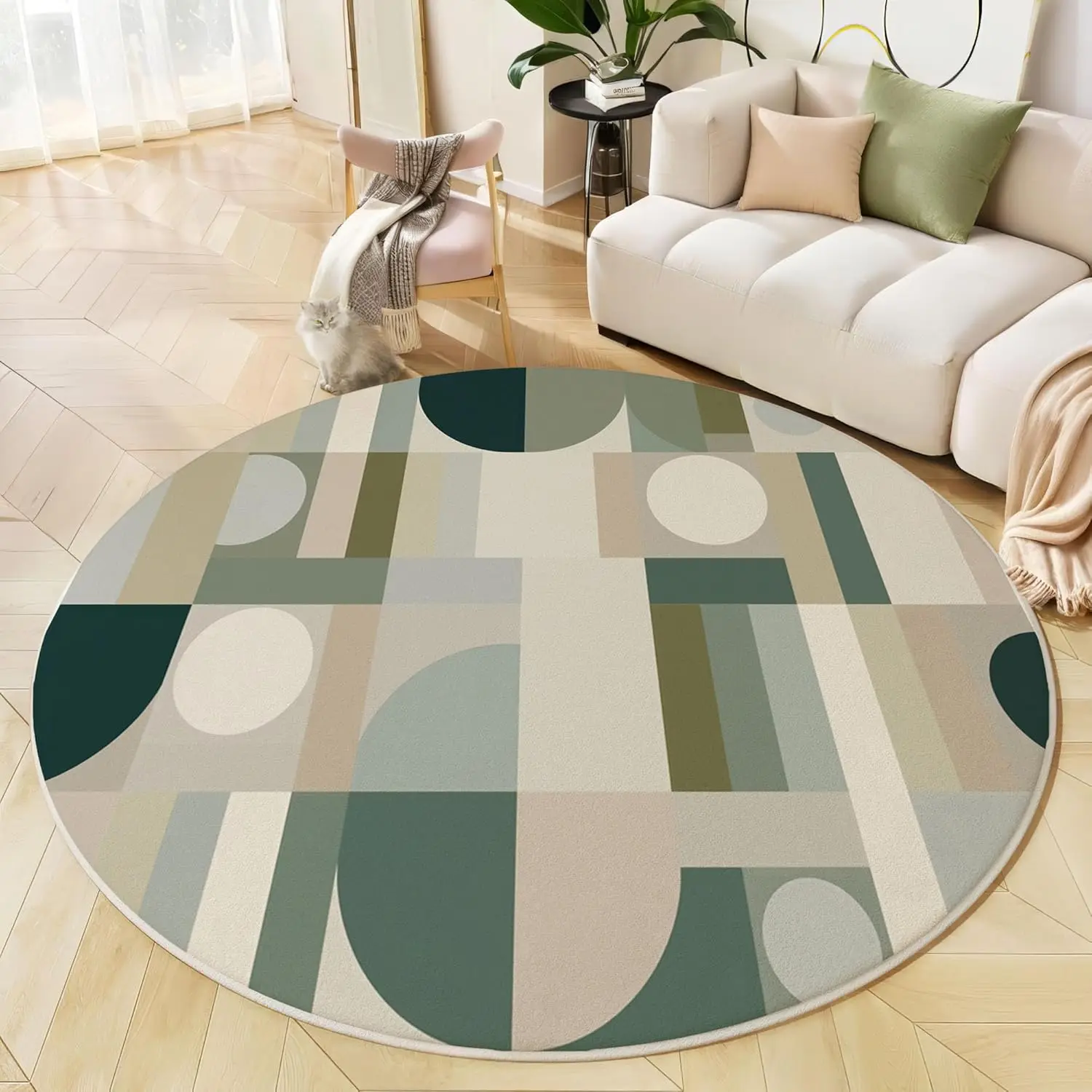 Mid Century Modern Geometric Round Rug Green Beige Abstract Shapes for Living Room