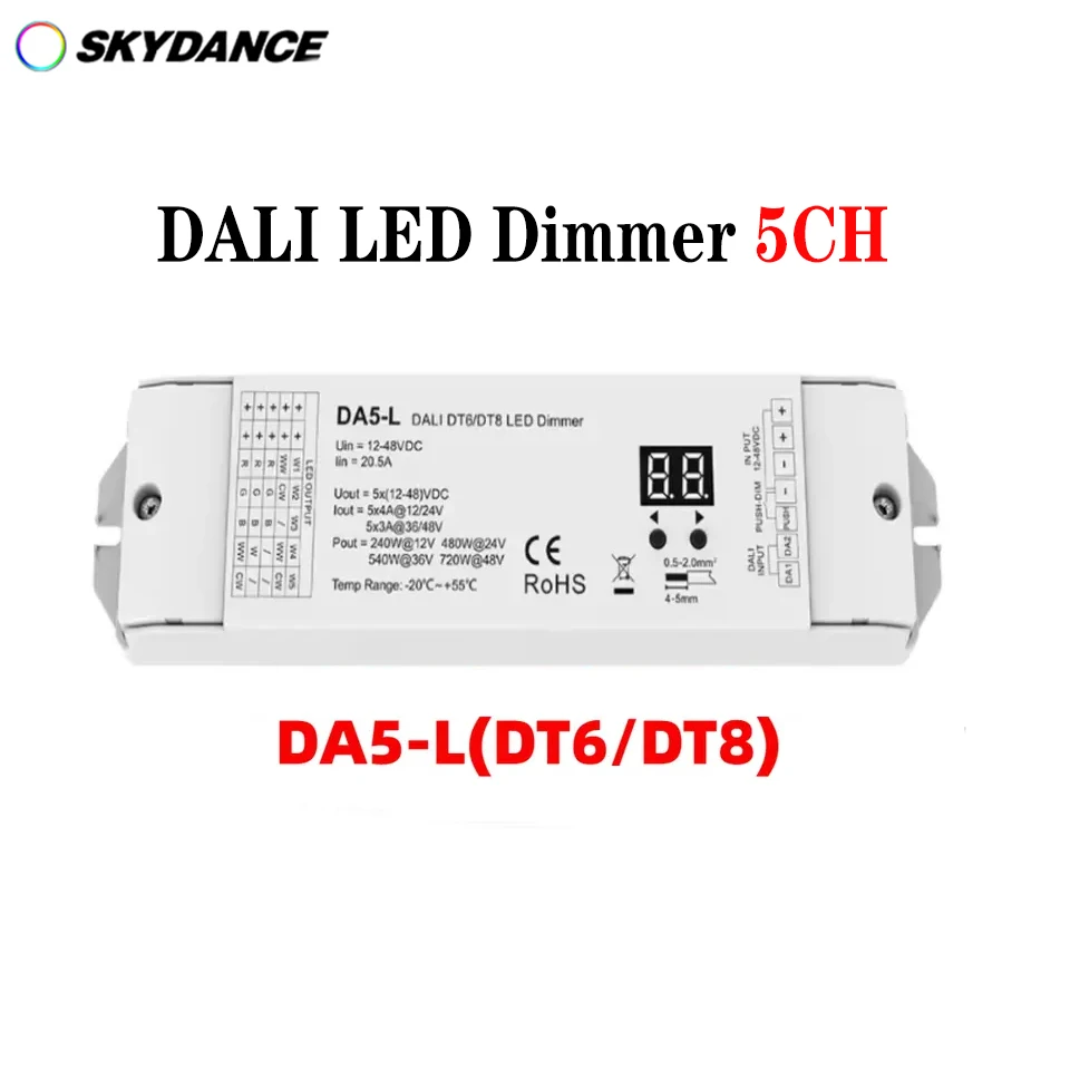 

DA5-L(DT6/DT8) DALI LED Dimmer 5CH*4A DC12V-48V Controller For RGBCCT RGB Dual Color Single Color LED Strip Light