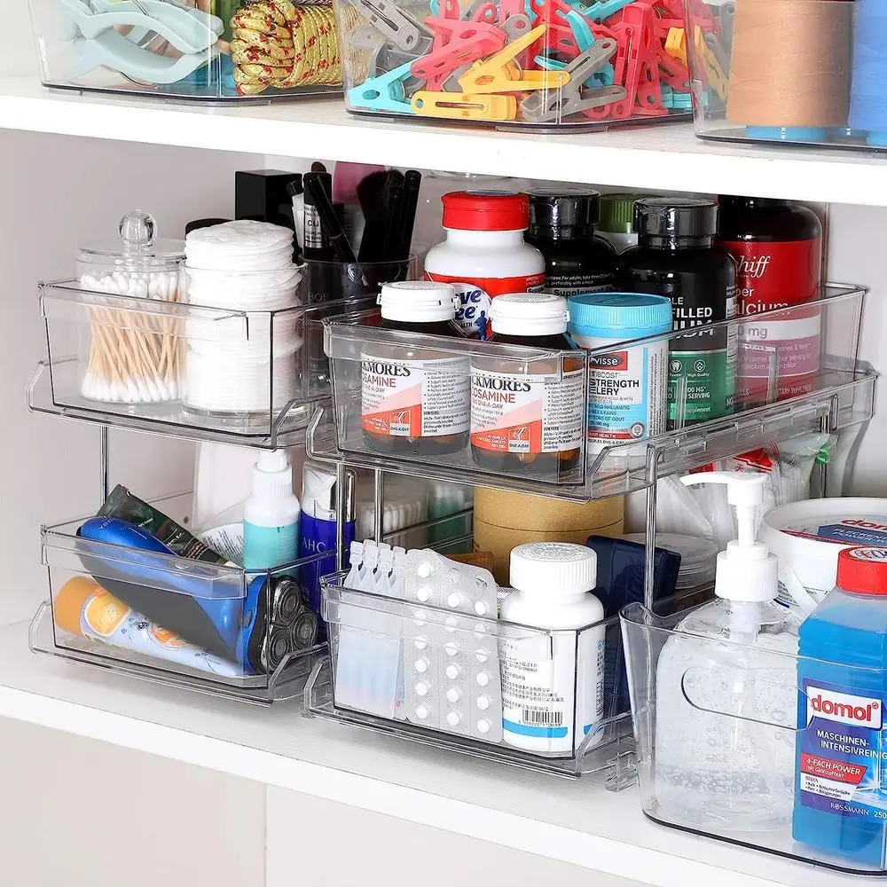 2 Tier Clear Organizer With Dividers Multi-functional Organizer Bathroom Countertop Rack Kitchen Snack Storage Holder