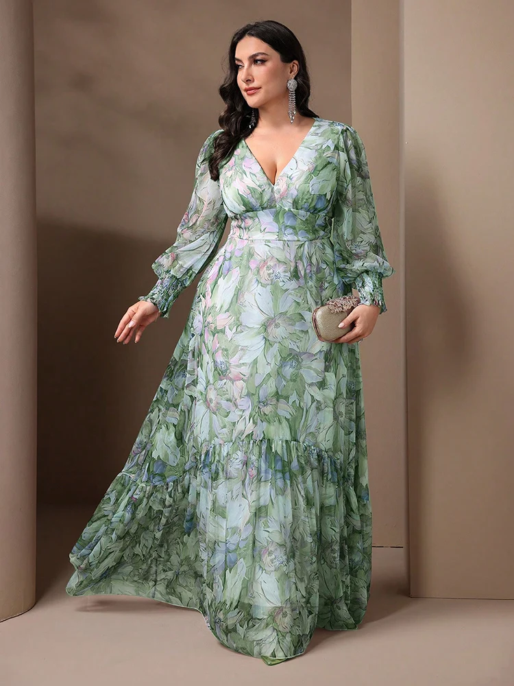 TOLEEN-vestidos longos tamanho grande para mulheres, decote v, manga lanterna, plissado, casual, elegante, estampa floral, férias, festa, primavera, verão, 2022