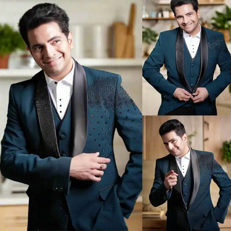 

Luxurious Men Suits 3 Pieces Jacket Vest Pants Beads Appliques Sequin Slim Fit Wedding Groom Tuxedos Special Occasion Customized