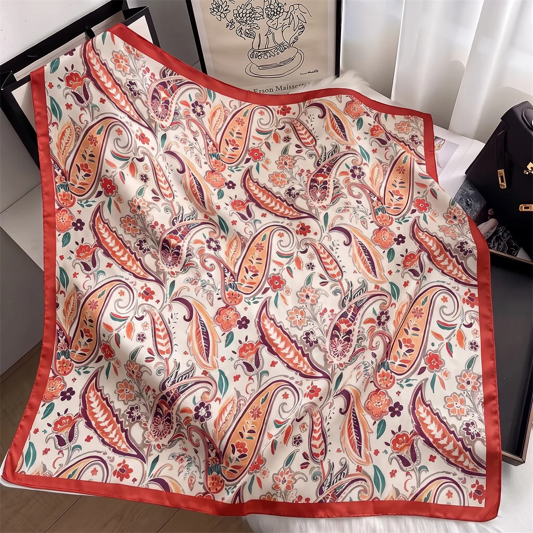 Fashion Square Silk Scarf 90cm Women Luxury Brand Satin Print Hijab Scarves Pareo Bandana Female Shawl Wrap Headband Foulard
