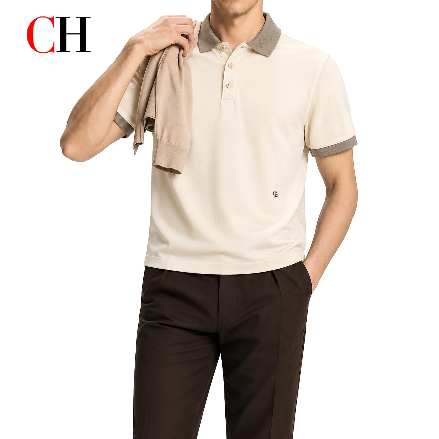 CH Men Classic Neutral Contrast Polo Shirt Short Sleeve Small Embroidery Lower Left Hem Minimalist Smart Casual Daily Outfit