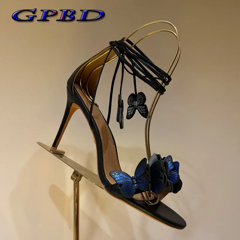 

GPBD Designer Handmade Real Leather Sandal For Woman Best Quality Ankle Strap Women Sandals butterfly High Heels Wedding Banquet