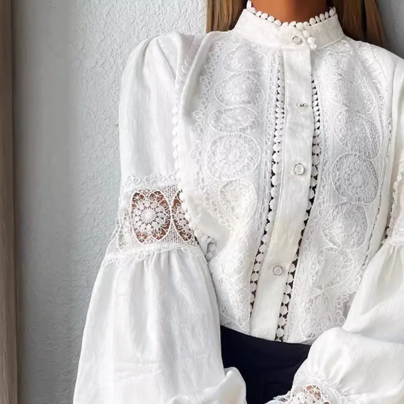 Spring Summer New Women\'s Clothing Solid Color Lace Patchwork Puff Sleeve Commute Leisure Shirt