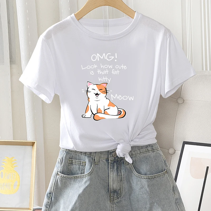 Cat Letter Print Female Casual Fashion Summer Short Sleeve Cartoon Tshirt Women Daily Regular Tee Kawaii Streetwear O-Neck Tops