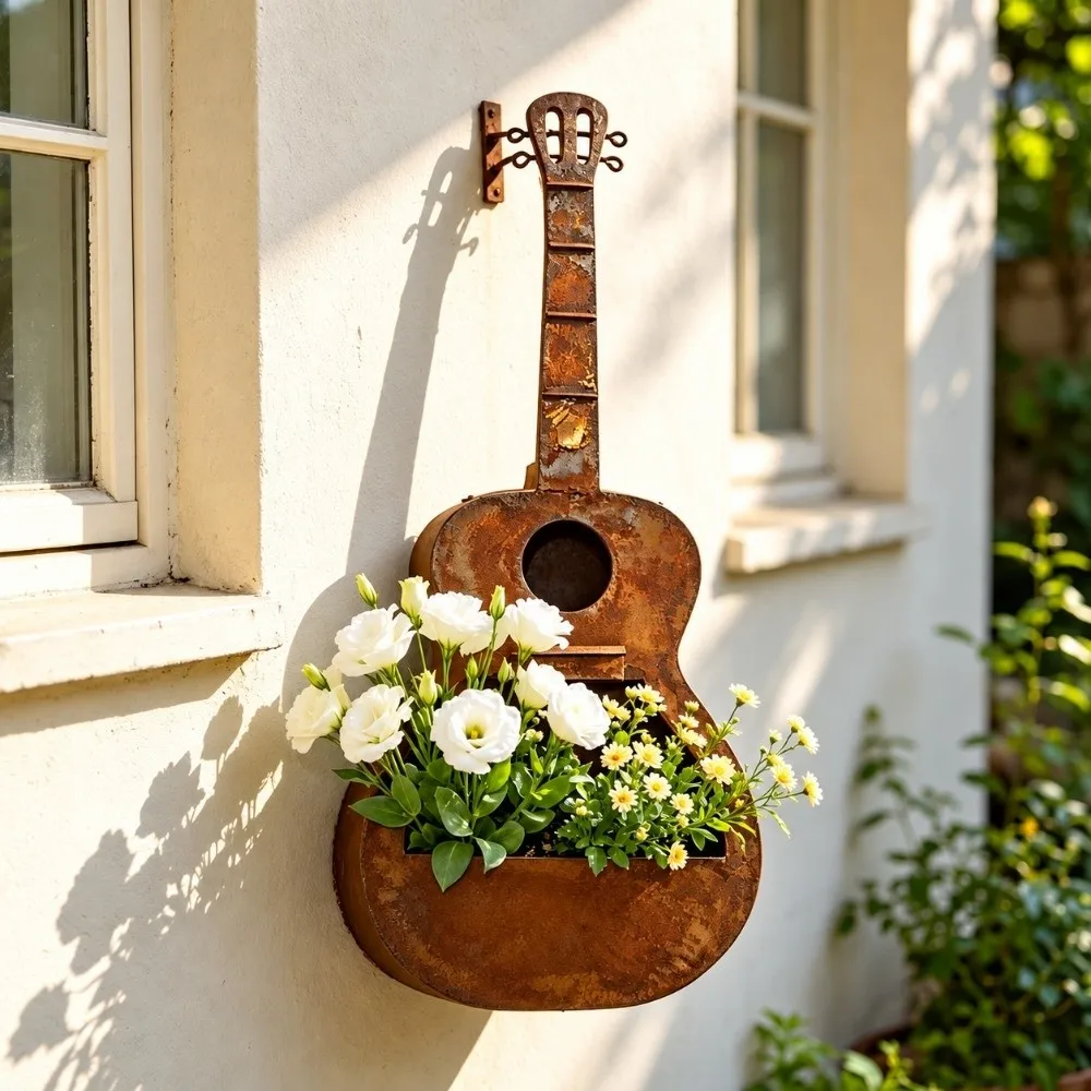 Guitar Wall-mounted Flowerpot Dual-use Rusty Red Ironart Bird's Nest Photo Props Decorative Ornament Wall Flower Pot