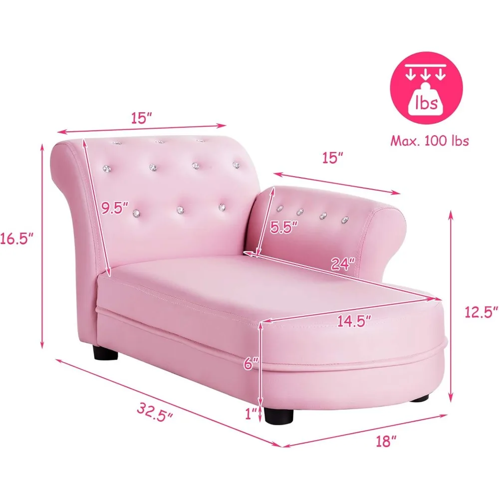 Canapé pour enfants, chaises de canapé princesse pour enfants pour bébés filles de 3 à 5 ans avec cadre en bois et surface en cuir pour sieste et assistance