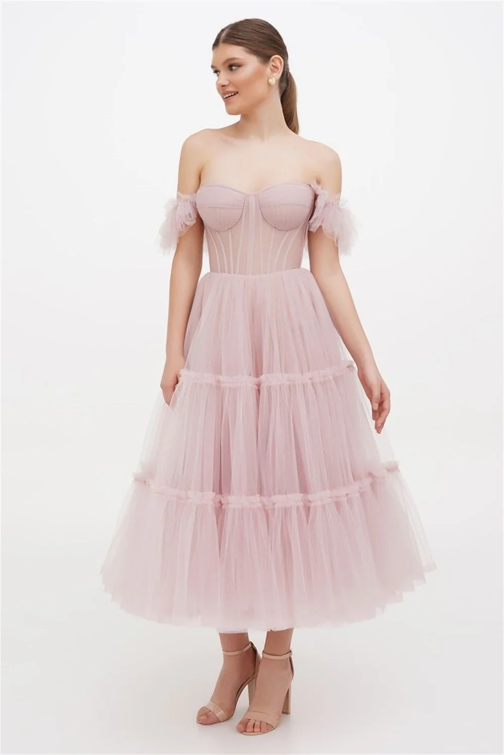 Amanda Sexy Off Shoulder Knee Lenght Prom Dress 2023 Light Pink Tulle فساتين مناسبة رسمية  Sweet Short Sleeve Vestidos De Noche