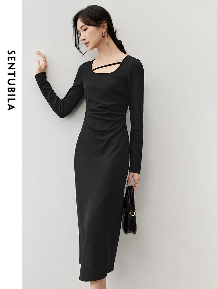 

SENTUBILA Cotton Knitted Dresse 2024 Autumn Hollow Out Square Neck Fold Waist Long Sleeve Solid A-line Dress 143L57046