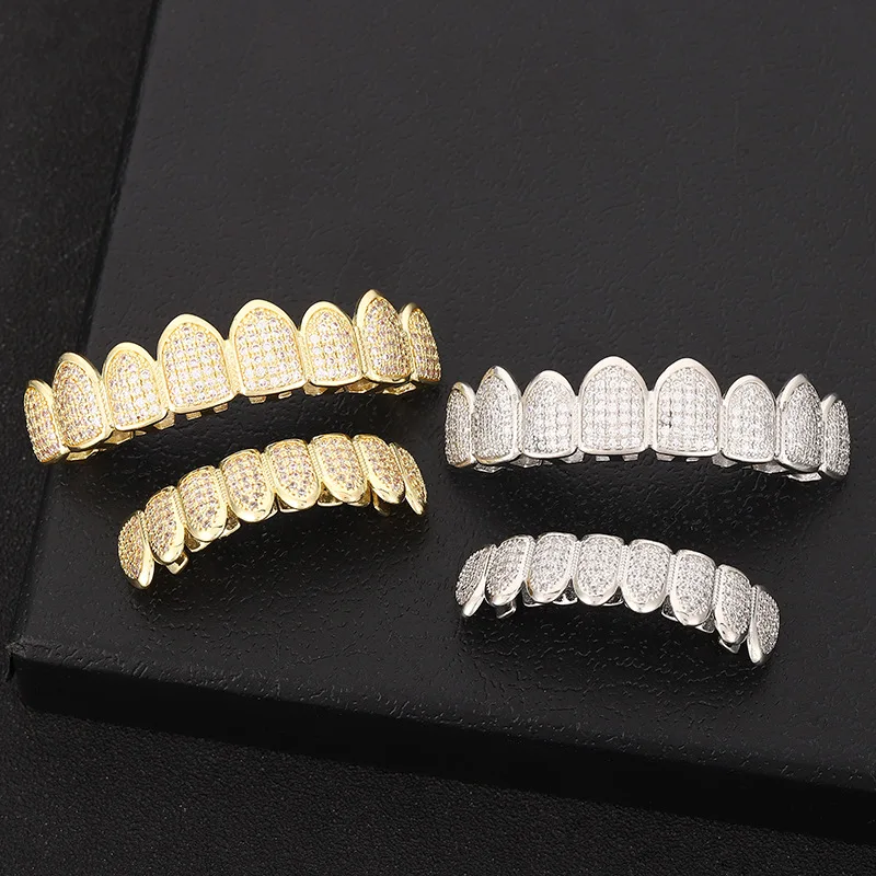 HipHop CZ 8 Teeth Set For Unisex Top Bottom Mouth Gold Silver Color Teeth Tooth Cap Removable Dental Fashion Jewelry