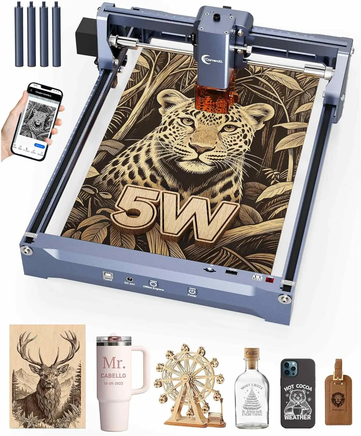 

5000mW Laser Engraver High Accuracy Portable CNC Laser Cutter For Beginners DIY Wood Coated Metal Acrylic Leather 200x300mm Work