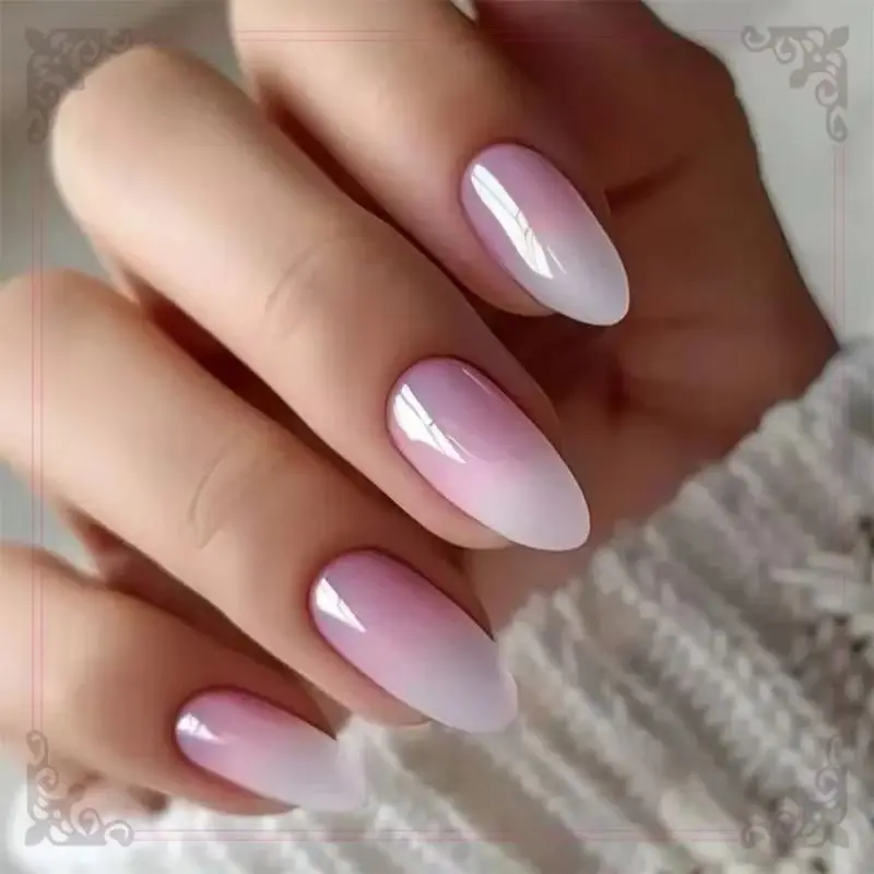 

Pink Gradient White French Romantic Almond Nail Art Wearable Simple Fake Nails Detachable Finished False Nails Press on Nails