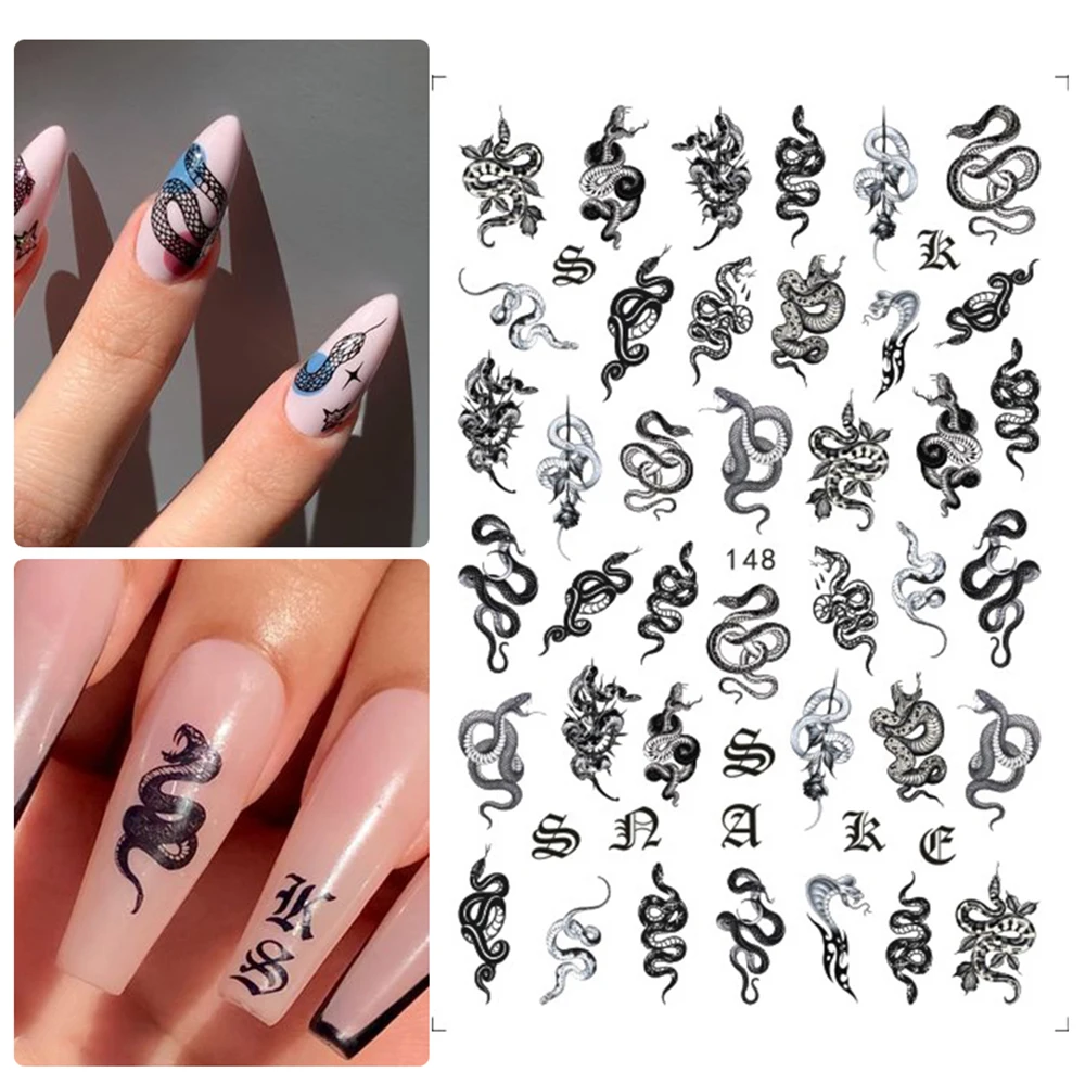 Nails Art Decoration Self Adhesive Slider 3D Black Dragon Snake Gothic Style Nail Stickers